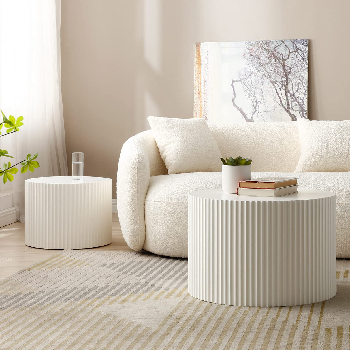 kevinplus White Round Nesting Coffee Table Set of 2 Modern Drum Side Table End Table for Living Room, Wood Circle Embossed Design Coffee Table Contemporary Living Room Table Set, Matte White kevinplus