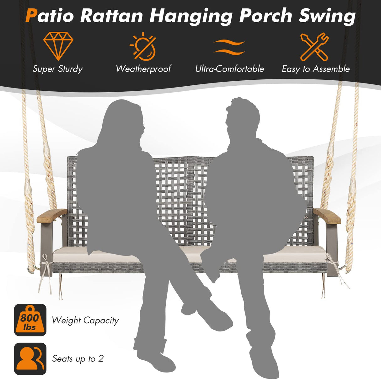 RELAX4LIFE 2-Seater Outdoor Porch Swing - Patio PE Rattan Hanging Swing Bench with Seat Cushion and Strong Hanging Ropes, Wicker Swing Loveseat Bench for Porch, Backyard, Garden, 800 lbs (Off White) RELAX4LIFE