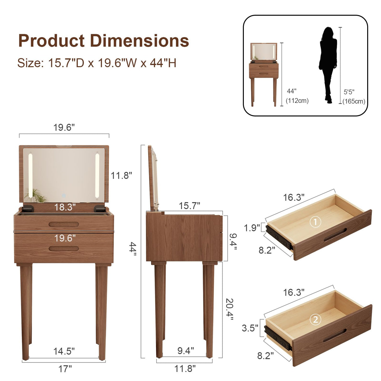 Muwuele Solid Wood Small Vanity Desk with Flip Top Mirror, Brightness Adjustable Lights, Compact Vanity with Glass Top and Drawers, Slim Dressing Table for Small Space, Bedroom, Living Room, Walnut Muwuele