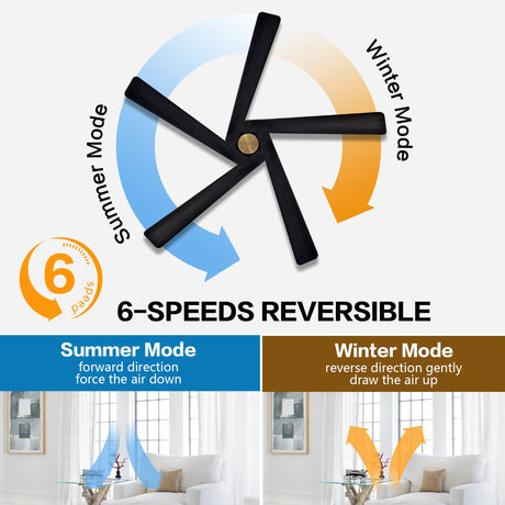 WINGBO 54 Inch DC Ceiling Fan without Lights, 5 Reversible Carved Solid Wood Blades, 6-Speed Noiseless DC Motor, Ceiling Fan No Light with Remote, Brass Finish with Black Blades, ETL Listed WINGBO