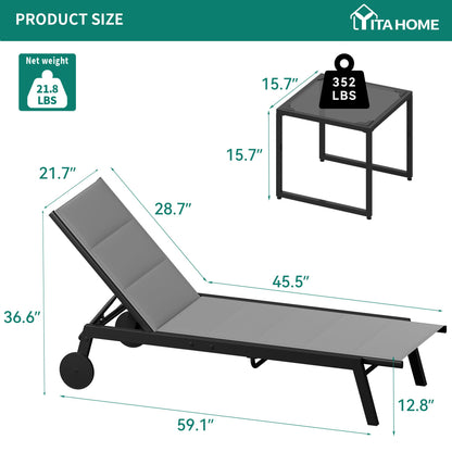 YITAHOME Patio Chaise Lounge Set of 3, Outdoor Lounge Chairs with Side Table, Padded Fabric, and Wheels, Adjustable Backrest Poolside Loungers for Pool Beach Patio Porch - Gray - WoodArtSupply