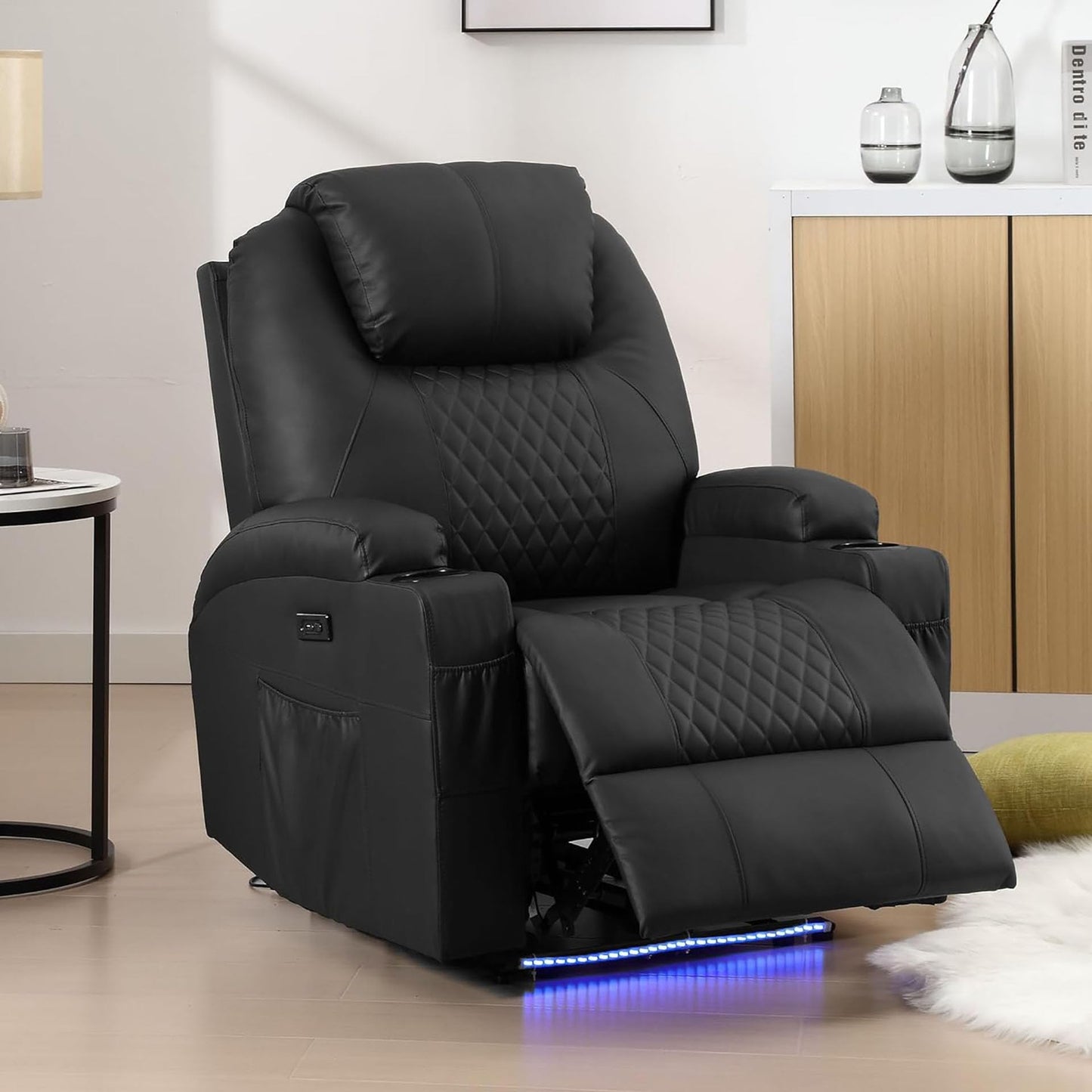 AHMED Power Recliner Chair, Home Theater Seating with LED Ambient Lighting, PU Leather Lazy Sofa Heat Massage Chair with Cup Holders/Side Pockets/USB Ports for Living Room (Black, Single)