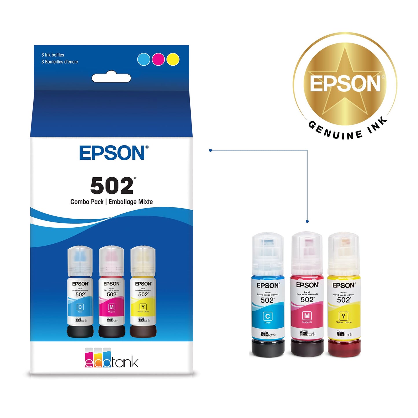 EPSON 502 EcoTank Ink Ultra-high Capacity Bottle Color Combo Pack Works with ET-2750, ET-2760, ET-2850, ET-3750, ET-3760, ET-3850, ET-4850, and other select EcoTank models