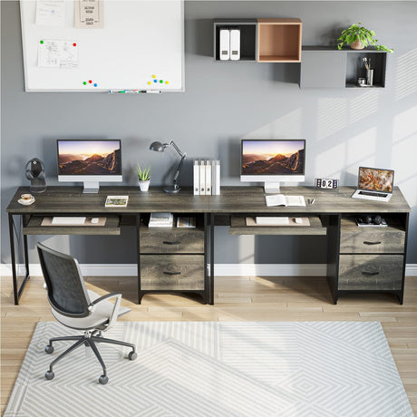 Bestier Office Desk with Drawers, 55 inch Industrial Computer Desk with Storage, Wood Teacher Desk with Keyboard Tray & File Drawer for Home Office, Dark Gray Oak Bestier