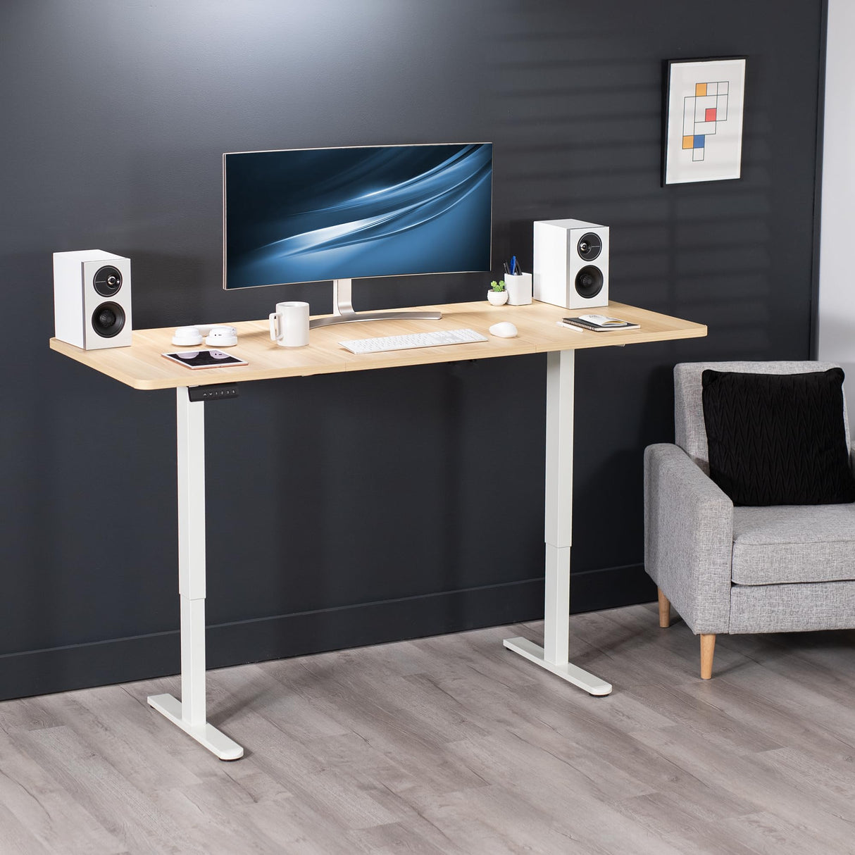 VIVO Electric Height Adjustable 71 x 30 inch Memory Stand Up Desk, Light Wood 30 inch Deep Table Top, White Dual Motor Frame, Preset Controller, E2B Series, DESK-KIT-E2W7C VIVO