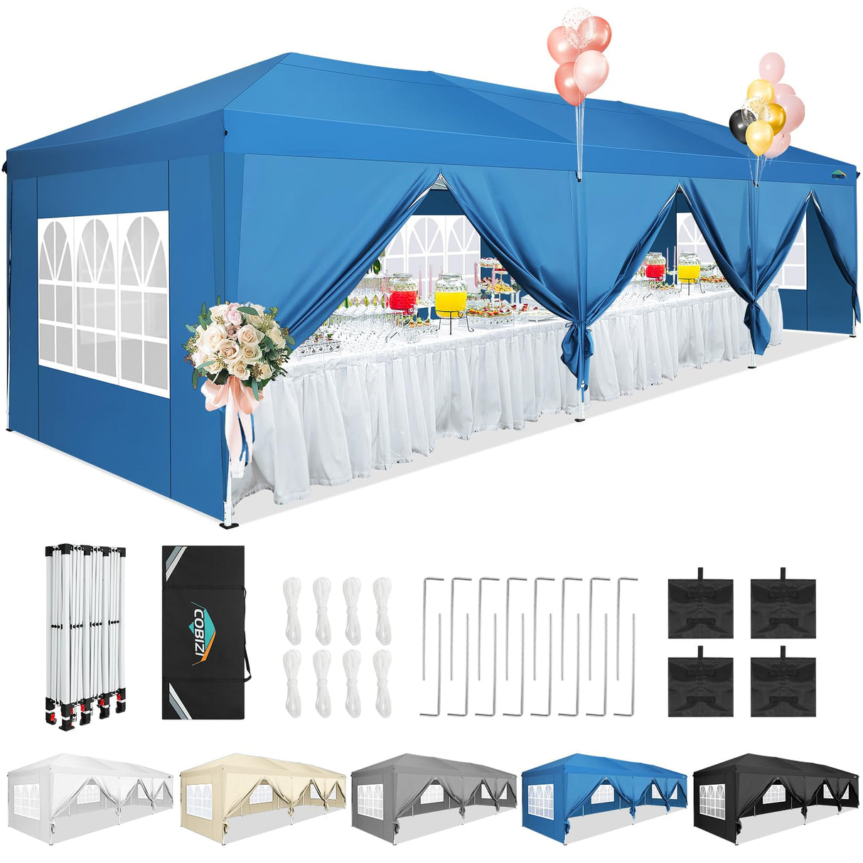 COBIZI 10x30 Canopy Party Tent with 8 Walls 10x30 Pop Up Tent for Parties Waterproof UPF 50+ Outdoor Commercial Event Tent for Party Backyard Gazebo Canopy with Sidewalls & Sandbags(Blue,10x30ft COBIZI