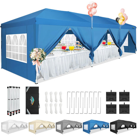 COBIZI 10x30 Canopy Party Tent with 8 Walls 10x30 Pop Up Tent for Parties Waterproof UPF 50+ Outdoor Commercial Event Tent for Party Backyard Gazebo Canopy with Sidewalls & Sandbags(Blue,10x30ft COBIZI