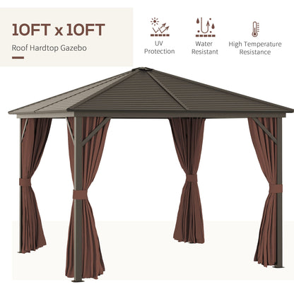 Outsunny 10' x 10' Hardtop Gazebo with Curtains and Netting, Permanent Pavilion Metal Single Roof Gazebo Canopy with Aluminum Frame and Hooks, for Garden, Patio, Backyard, Dark Brown