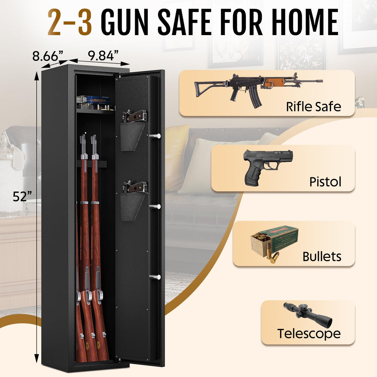 KAER 2-3 Gun Safe, 52''Height Gun Safe for Rifles and Pistols, Metal Safe, Rifle Safes for Home, Gun Safes with Adjustable Gun Rack KAER