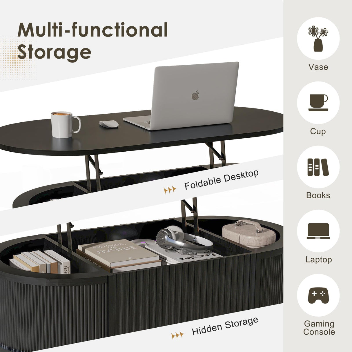 LYNCOHOME Fluted Lift Top Coffee Table with Storage,Modern Oval Coffee Table for Living Room or Home Office(Black) LYNCOHOME