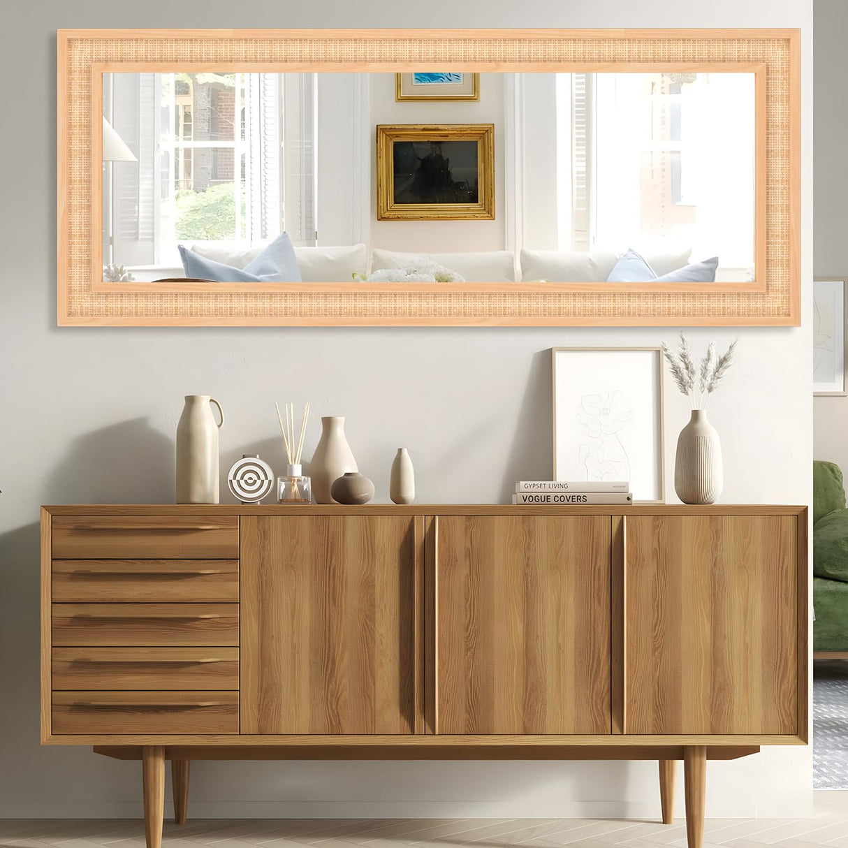FUWU HOME Rattan Full Length Mirror, 24 X 60 inch Wood Bathroom Vanity Mirror, Free Standing or Wall Mounted Full Body Mirror for Bedroom, Living Room, Dressing Room FUWU HOME