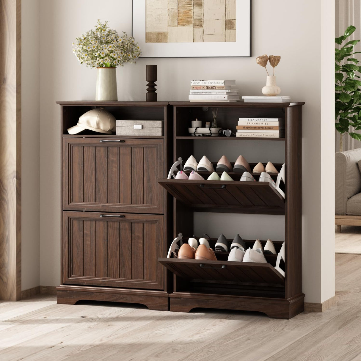 Shoe Storage Cabinet with 2 Flip Drawers, 24" W Farmhouse Modern Hidden Shoes Rack Cabinet with Adjustable Shelves & Open Storage, Narrow Slim Shoe Organizer for Front Door Entrance, Entryway, Walnut WINWY