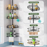 HAMITOR Shower Caddy Tension Pole: 4-Tier Rustproof Bathroom Corner Shelf Organizer for Renters - No Drill Large Shampoo Storage Rack - Adjustable 47-121 Inch - Space Saving Bathtub Accessory - Black HAMITOR