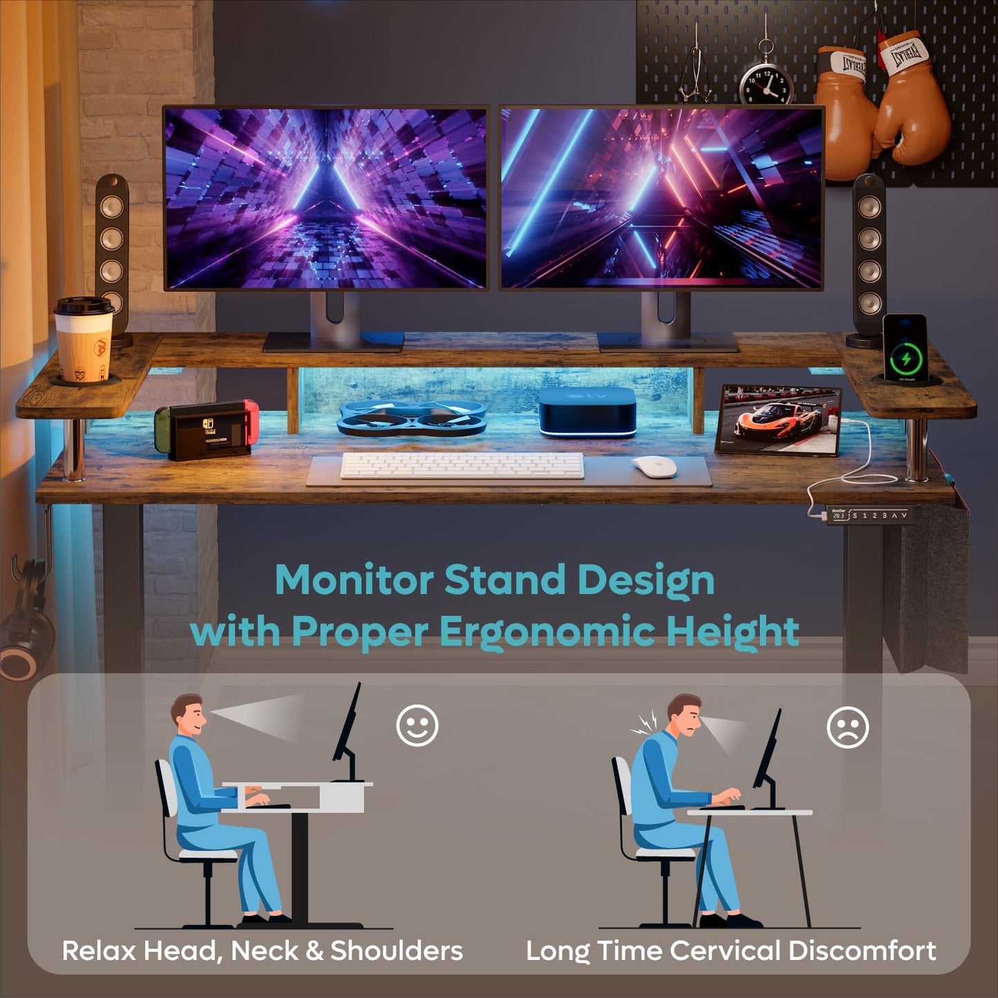 Bestier LED Electric Standing Desk Adjustable Height, 58x26 Inch Large Sit Stand Desk with Monitor Stand, Ergonomic Rising Desk for Home Office Workstation, Headphone Hook Storage Bag Brown