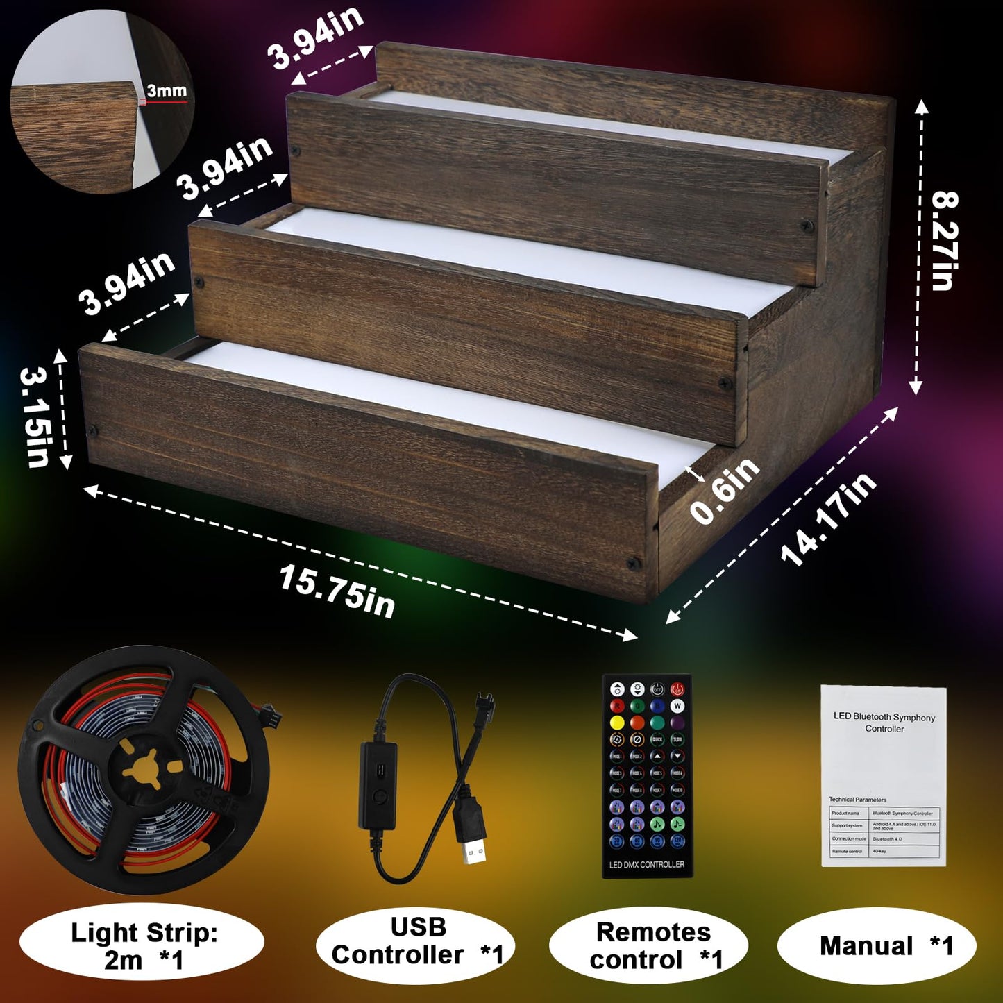 Lighted Liquor Bottle Display Shelf with Fences, 3 Step Wood Bar Shelves with Acrylic, Illuminated Whiskey Rack Liquor Stand with Remotes Control & App Control for Home Bar & Party (12 bottle - WoodArtSupply