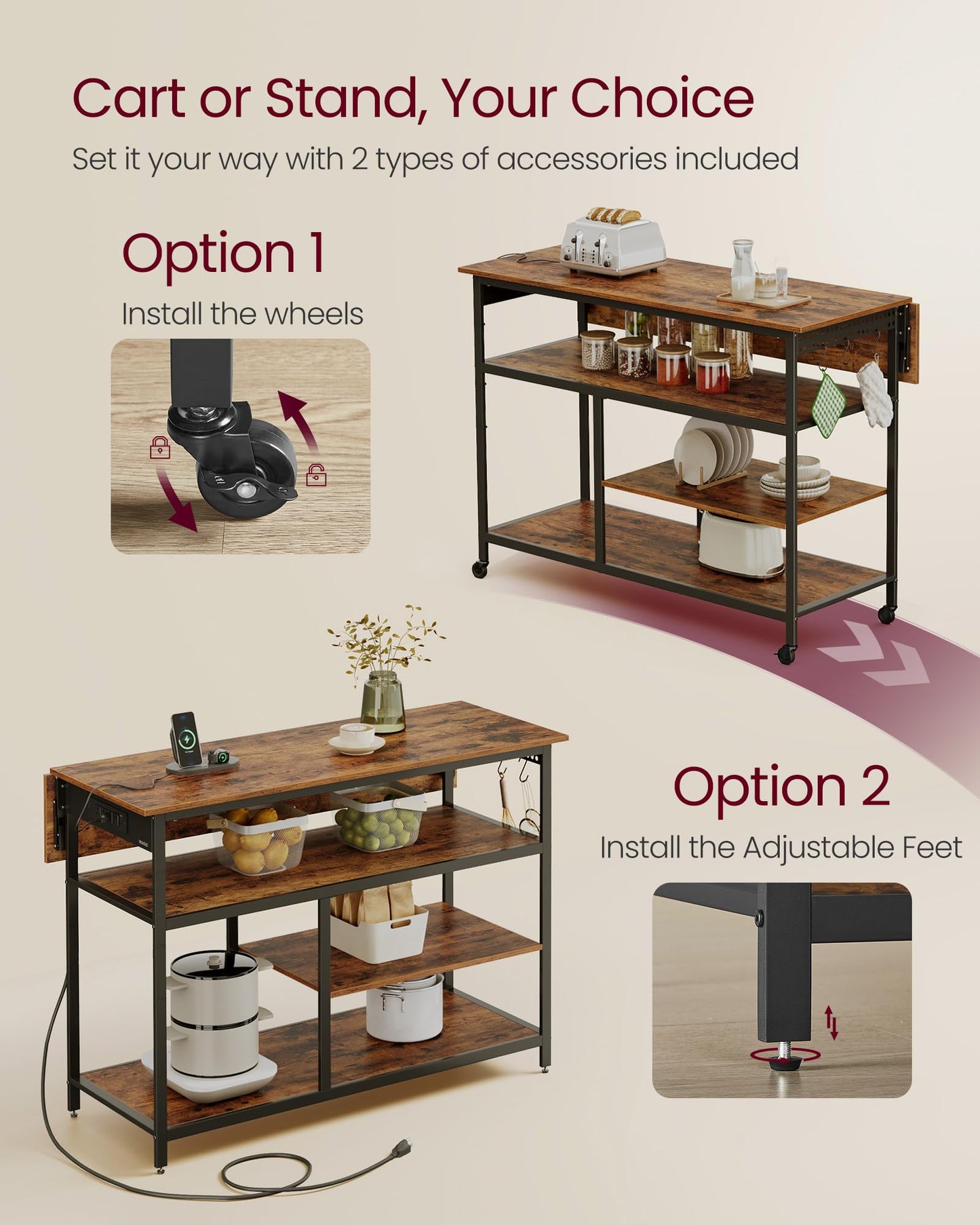 VASAGLE Kitchen Island with Drop Leaf, 47.2" Width Rolling Kitchen Cart with Power Strip, Extendable Worktop, Workbench,Pegboard, Adjustable Shelf, Rustic Brown and Ink Black UKKI013K01