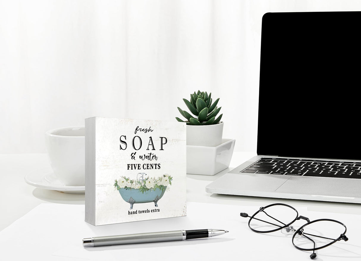Mtrgdn Bathroom Signs Decor Funny Wood Box Sign,Farmhouse Bathroom Decor Fresh Soap and Water Desk Decor,Rustic Wooden Box Block Plaque Sign Decoration for Bathroom Shelf Table Home Decor 5x5 Inch Mtrgdn