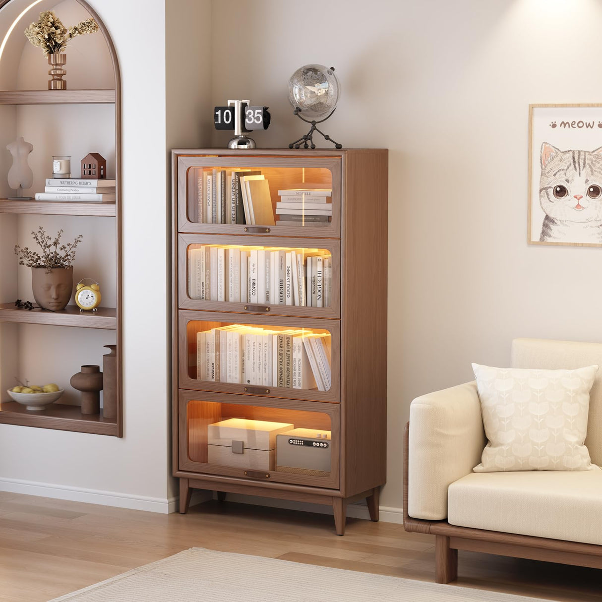 Solid Wood Bookcase 4 Tier With Tempered Glass Doors 60 Inch, Kitchen Pantry Display Cabinet, Brown Finish Cube Storage Organizer, Bookshelf Versatile Storage With For Home Office(No Light Strip) AQIMUELE