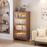Solid Wood Bookcase 4 Tier With Tempered Glass Doors 60 Inch, Kitchen Pantry Display Cabinet, Brown Finish Cube Storage Organizer, Bookshelf Versatile Storage With For Home Office(No Light Strip) AQIMUELE