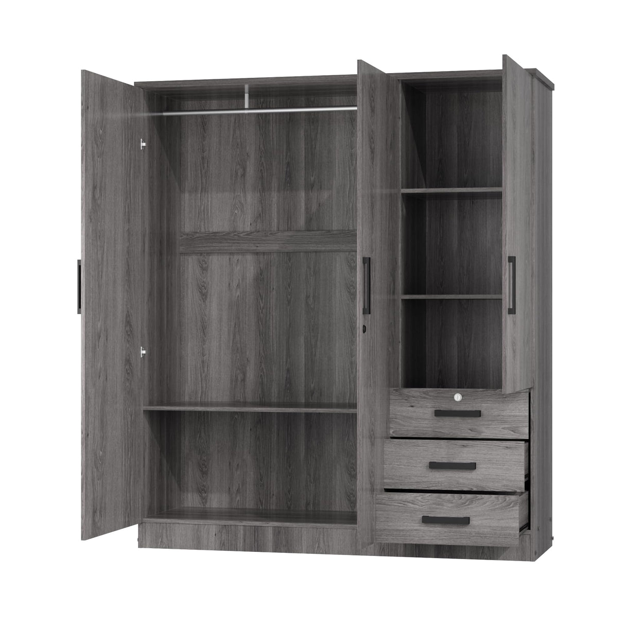 61" Wide Large Wardrobe Closet 3 Doors and 3 Drawers (Grey) Woodpeckers Furniture And Mattress