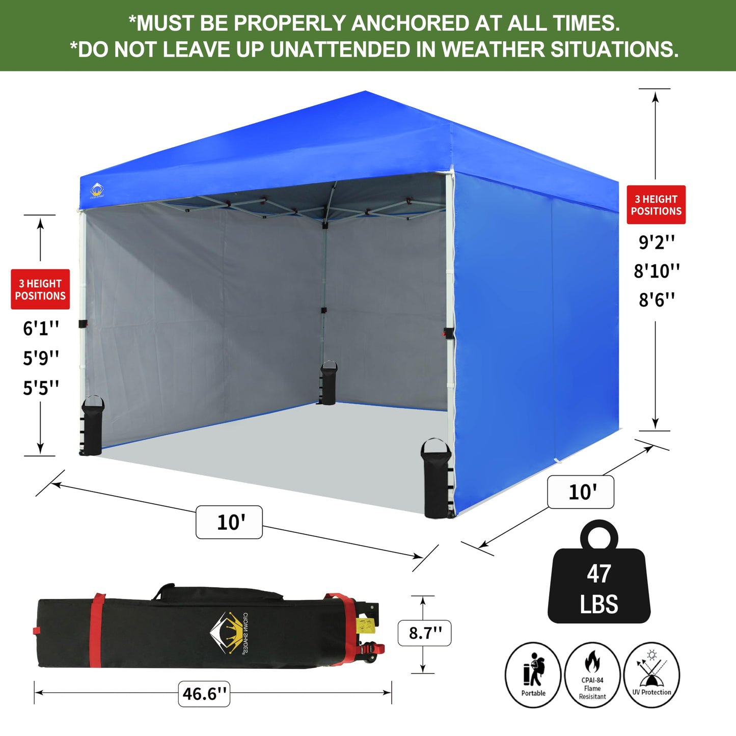 CROWN SHADES 10X10 Comercial Instant Canopy Pop Up Tent with Center Lock (10x10 with 4 Sidewalls, Blue)