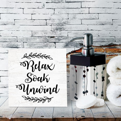 Funny Farmhouse Bathroom Decor for Shelves Relax Soak Unwind Wood Sign 5 X 5 inch Bathroom Accessories Decor Bathroom Toilet Wall Shelf Counter Restroom Home Decor for Her Him