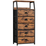 Furnulem Tall 5 Drawers Dresser, Vertical Storage Tower Fabric Dresser for Bedroom, Hallway, Entryway, Nursery, Closet Organizer, Nightstand Bedside Table Furniture, Sturdy Steel Frame, Wood Top Furnulem