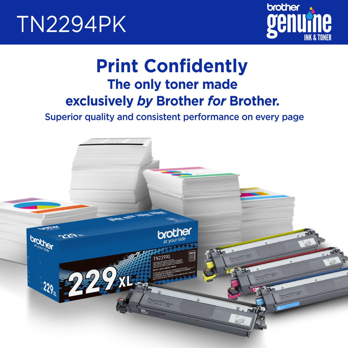 Brother Genuine TN2294PK Standard Yield 4-Pack Printer Toner Cartridges - Black, Cyan, Magenta, Yellow Toner Multipack Brother