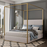 JIJIWANG Modern Luxury Metal Canopy Bed with Tall Upholstered Headboard and Gold Four Poster, No Box Spring Needed, King,Beige JIJIWANG