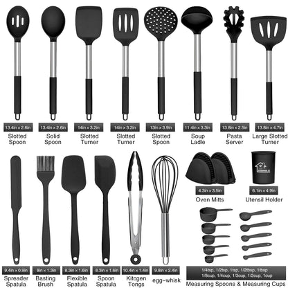 27 Pcs kitchen Utensils Set,446°F Heat Resistant Non-Stick Kitchen Gadgets,Stainless Steel Handle Utensil Sets,Cooking Utensils Set with Holder,Kitchen Accessories,Kitchen Essentials,Dishwasher Safe