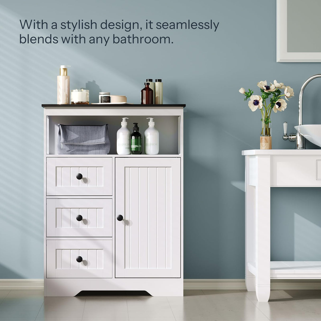 HOOBRO 28.3" Bathroom Storage Cabinet, Large Floor Cabinet, Freestanding Bathroom Storage Unit, 1 Cupboard and 3 Drawers, Adjustable Shelf, 28.3" L x 11.8" W x 37.8" H, White and Black HOOBRO