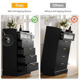 HOSTACK Modern 5 Drawer Dresser, Tall White Dresser Chest of Drawers with Gold Handles, Wood Dresser Storage Cabinet with Anti-Drop Fence & Fluted Glass for Living Room, Hallway, Entryway, Black HOSTACK