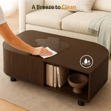 Lamtor Leaf-Shaped Fluted 39.4" Coffee Table with Storage, Mid Century Wooden Center Table, Modern Central Table with Sliding Door & Large Hidden Compartment, for Living Room Home Office, Walnut Lamtor