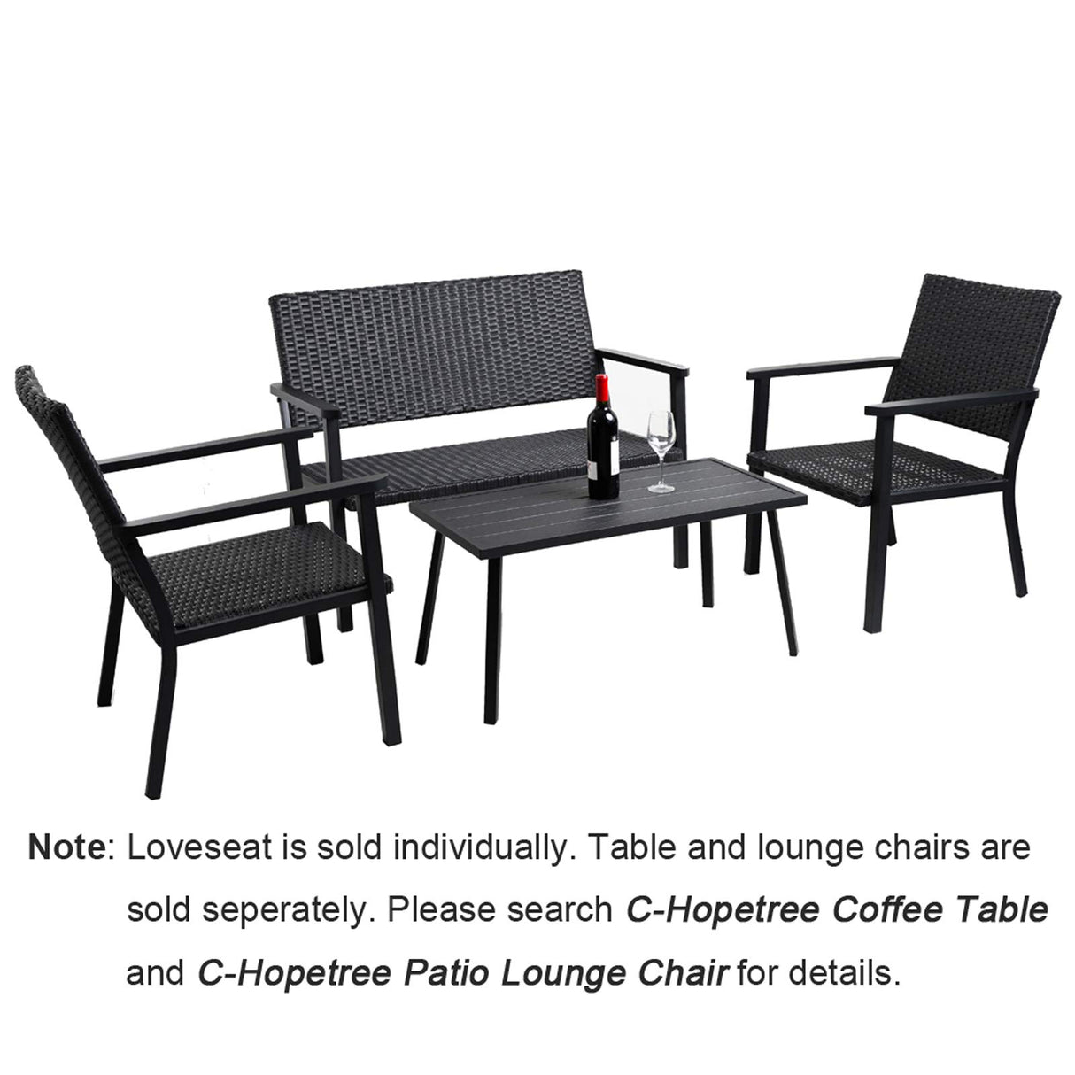 C-Hopetree Outdoor Loveseat Bench Chair for Outside Patio Porch, Metal Frame, Black All Weather Wicker C-Hopetree