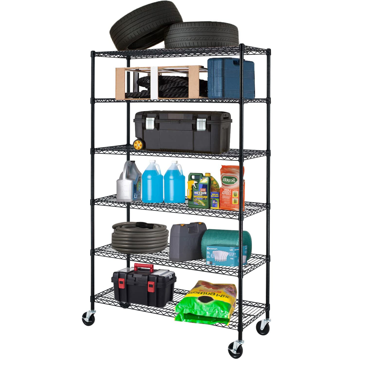 PayLessHere | 6-Tier Wire Shelf with Wheels | 48"x18"x76" | Black | Adjustable Racks | Heavy-Duty Storage Shelves, Holds Upto 600 lbs | Rust-Resistant, No-Tool Assembly | for Home, Garage Shelving PayLessHere