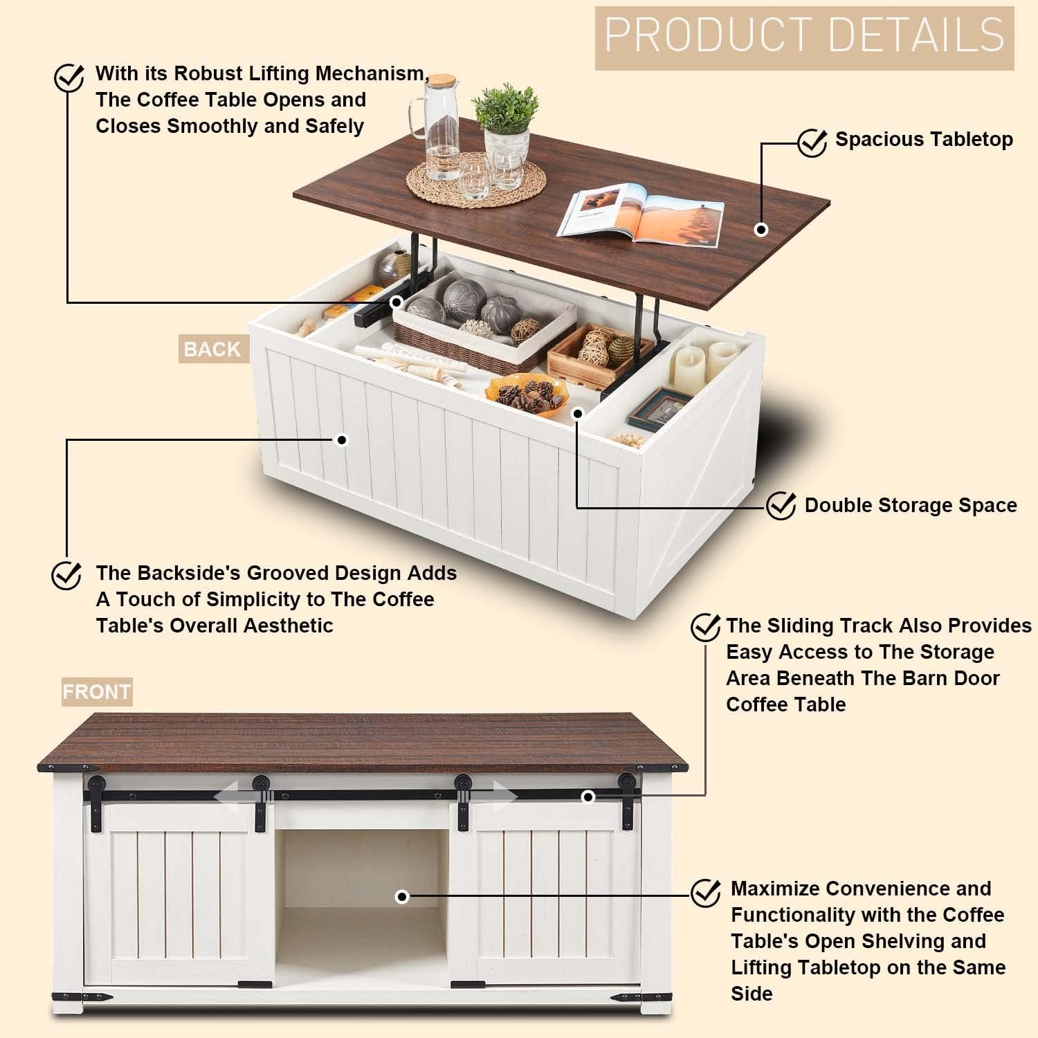 IFGET Lift Top Coffee Table with Double Storage Spaces, Farmhouse Rustic Wood Center Table with Sliding Groove Barn Door, Coffee Table Converts to Dining Table for Living Room Office (White) - WoodArtSupply