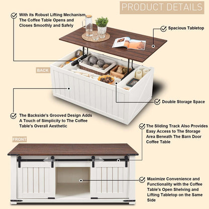 IFGET Lift Top Coffee Table with Double Storage Spaces, Farmhouse Rustic Wood Center Table with Sliding Groove Barn Door, Coffee Table Converts to Dining Table for Living Room Office (White) - WoodArtSupply