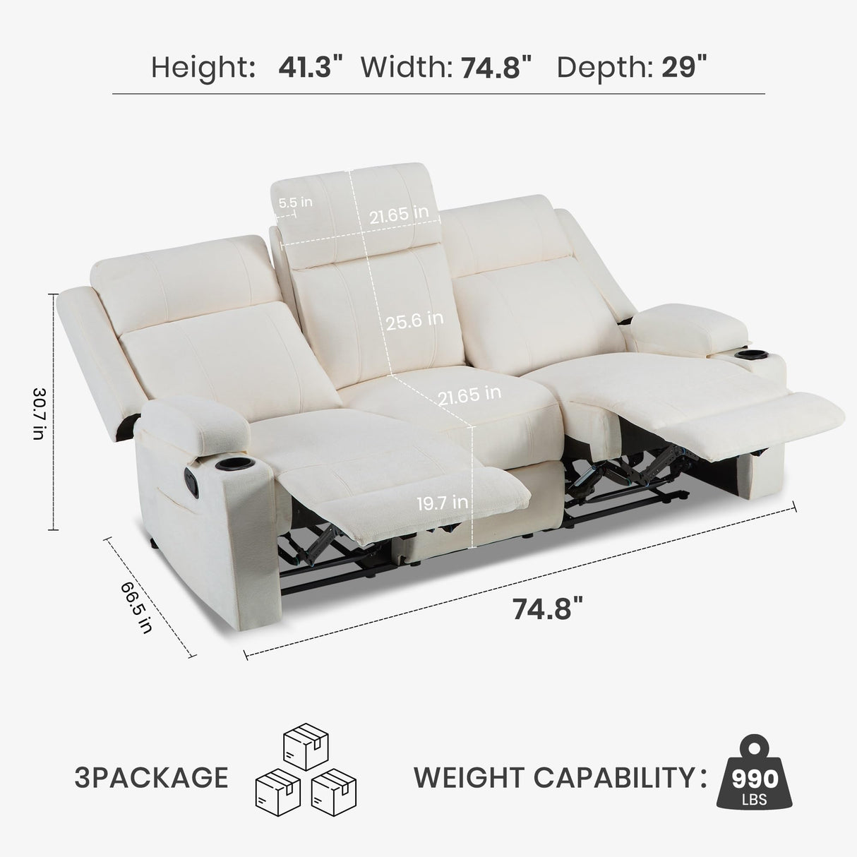 75'' Manual Reclining Sofa with Storage Drawer, 3 Seat Wall Hugger Recliner Couch with Cup Holders, Side Pockets, Chenille Fabric, Compact 3-Person Recliner for RV, Living Room, Apartment (Beige) LURVIA