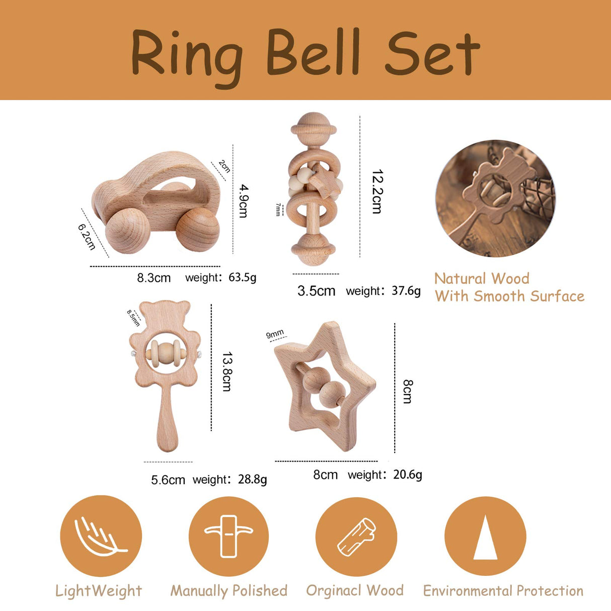 HI BABY MONMENT - Wooden Baby Toys Set - Wooden Rattle Set | 4PC Handmade Wood Toys | Baby Wooden Toys 36+ Months | Montessori Toys with Wood Car Baby Rattles | for Boys and Girls HI BABY MONMENT