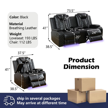 JBXBER Power Recliner Sofa Set with LED Lights, Black Leather Reclining Couch Sets with Storage Console, USB Ports, Cup Holder, Home Theater Seating, Living Room Furniture(2 Chairs and a Loveseat) JBXBER