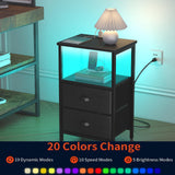 sthmec Nightstand with Charging Station, Night Stand with 2 Fabric Drawers PU Finish, Bedside Table End Table with LED Light, 3-Tier Storage Side Table Nightstand with Drawers for Bedroom,Black sthmec