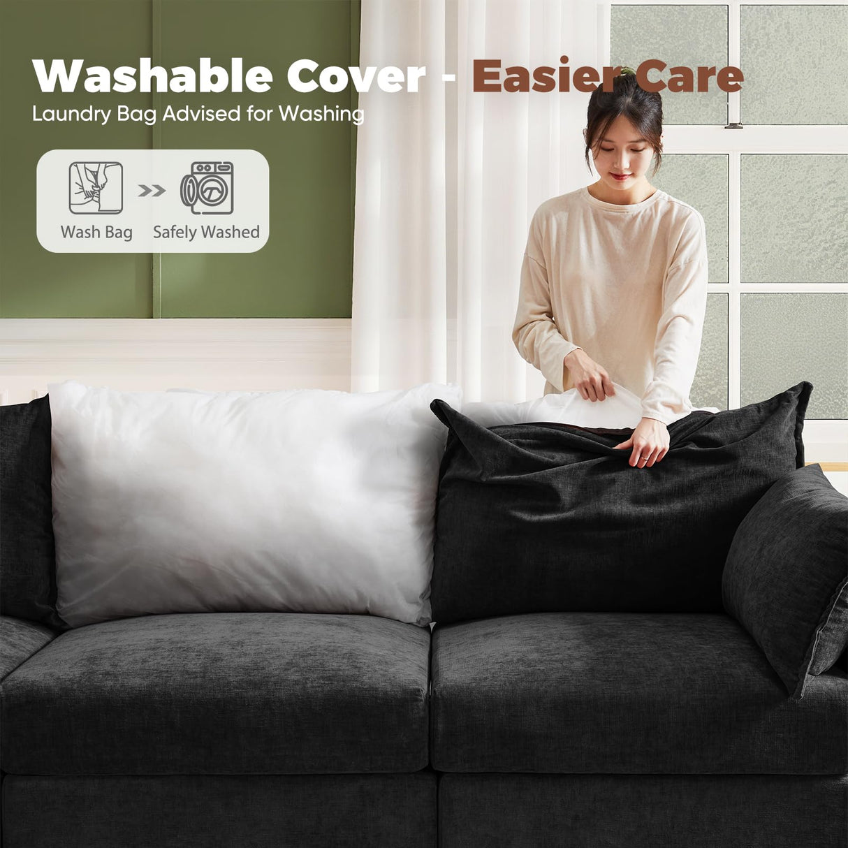 ABCASA Oversized Loveseat Sofa, Modern Modular Sectional Couch Black Fluffy Chenille Mid Century 2-Seat 24.5" Deep Seat for Apartment, Living Room, Bedroom ABCASA