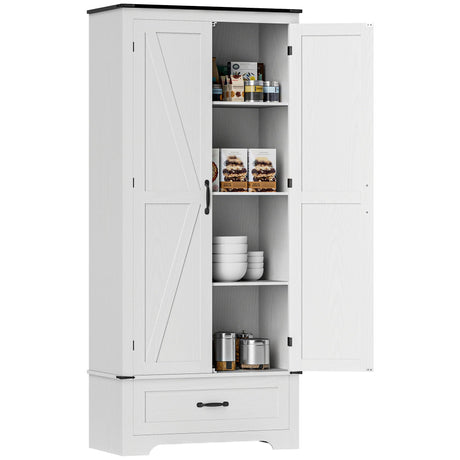 HOMCOM 72" Tall Farmhouse Kitchen Pantry Cabinet - Kitchen Storage Cabinet with Adjustable Shelves & 2 Barn Doors & Drawer, Versatile Storage Unit for Dining Room, Distressed White HOMCOM