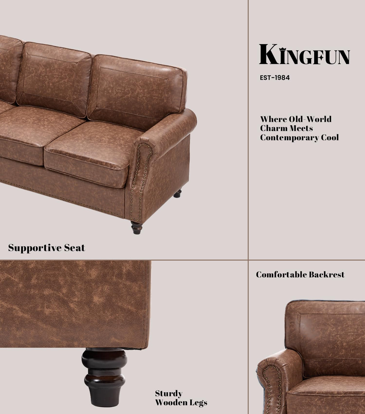 WILLOVE 79'' Faux Leather Sofas for Living Room, Mid Century Modern Couches with Rolled Arm & Nailhead Trim for Small Space, Apartment, Dark Brown WILLOVE