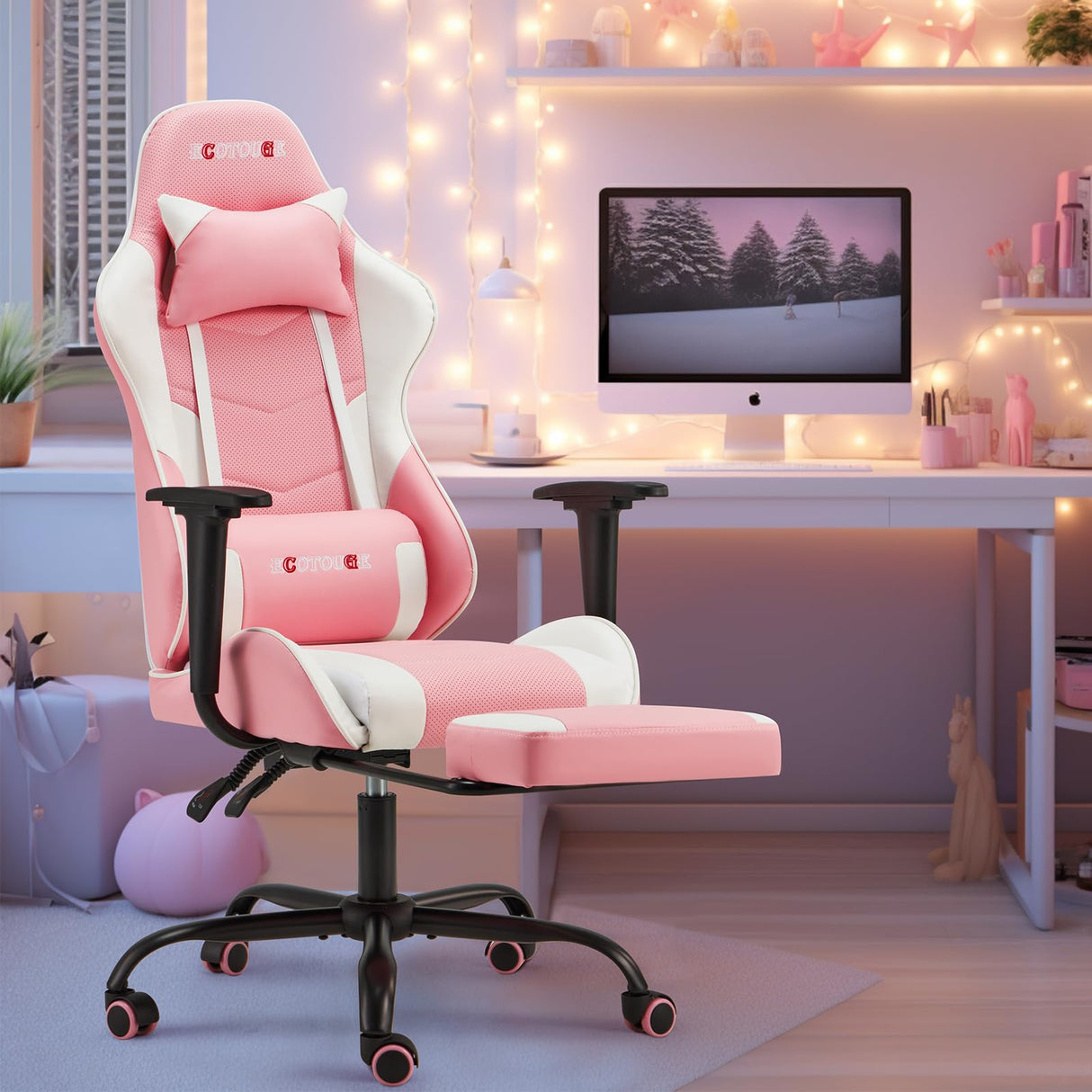 ECOTOUGE PC Gaming Chair Massage Ergonomic Office Desk Chair Racing PU Leather Recliner Swivel Rocker with Headrest and Lumbar Pillow, Pink-White ECOTOUGE