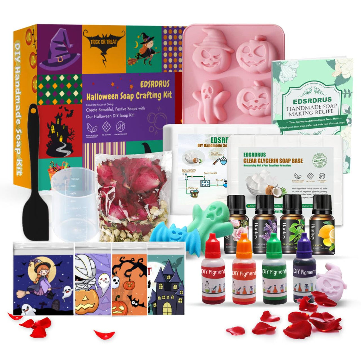 EDSRRDRUS Halloween Soap Making Kit for Adults - 2lbs Glycerin Melt & Pour Soap Base, Essential Oils, Dyes, Halloween Pumpkin Skull Bat Molds & Complete Soap Making Supplies EDSRDRUS