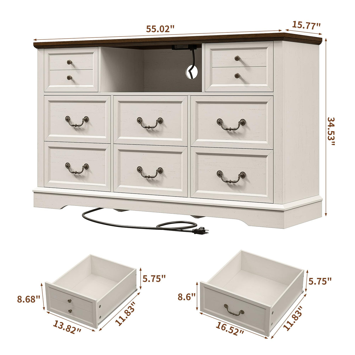 Homkdom White Dresser for Bedroom with Charging Station & Led Lights,55.02" TV Stand with 8 Drawers,Dressers & Chests of Drawers with Open Shelves,Hallway 55.02" W x 34.53" H x 15.77" D White Homkdom
