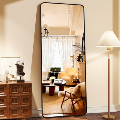 XRAMFY 64"x21" Black Floor Full Length Mirror Standing Full Body Rounded Corner Rectangle Mirrors with Stand Hanging Wall Mounted Leaning Bedroom Living Room Bedroom Cloakroom,Mirror Full Length