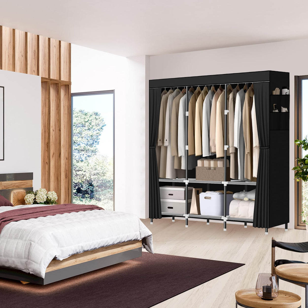 LOKEME Wardrobe Closet,Portable Closet for Bedroom Steel Pipe Diameter 19mm Strong and Sturdy Black Portable Closets for Hanging Clothes with 3 Hanging rods, 6 Storage Shelves and Side Pockets LOKEME