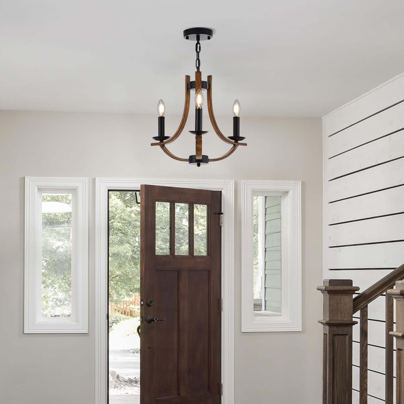 Widluth Farmhouse Wooden Chandelier Vintage 3-Lights Industrial 17.7“ Candle Style Chandelier with Wood Finish Metal Retro Rustic Black Chandelier for Dining Room, Kitchen Island, Living Room - WoodArtSupply